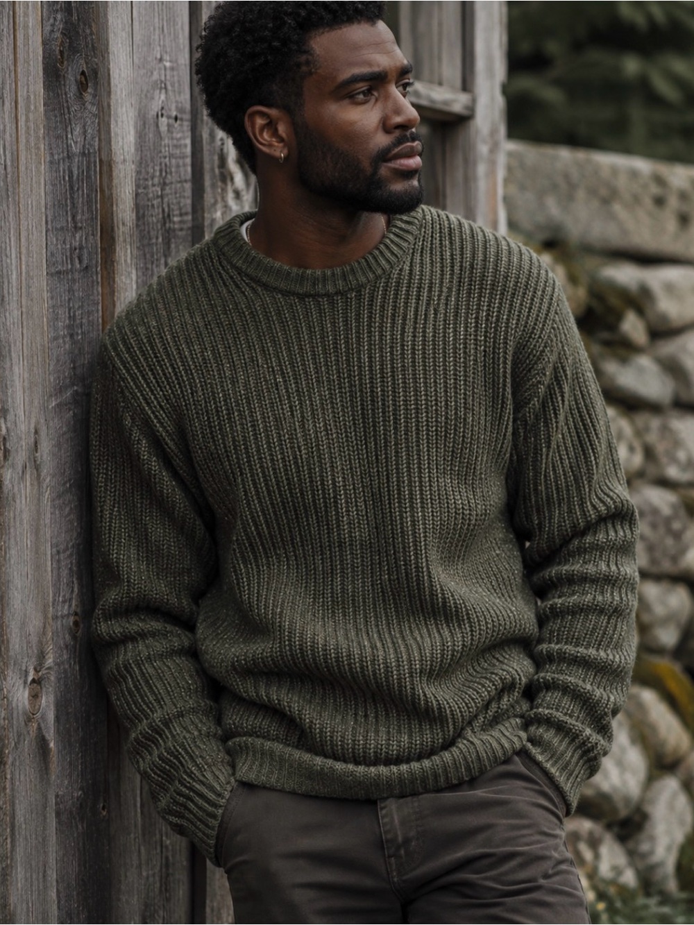 ONLY & SONS Olive Green Ribbed Crewneck Sweater